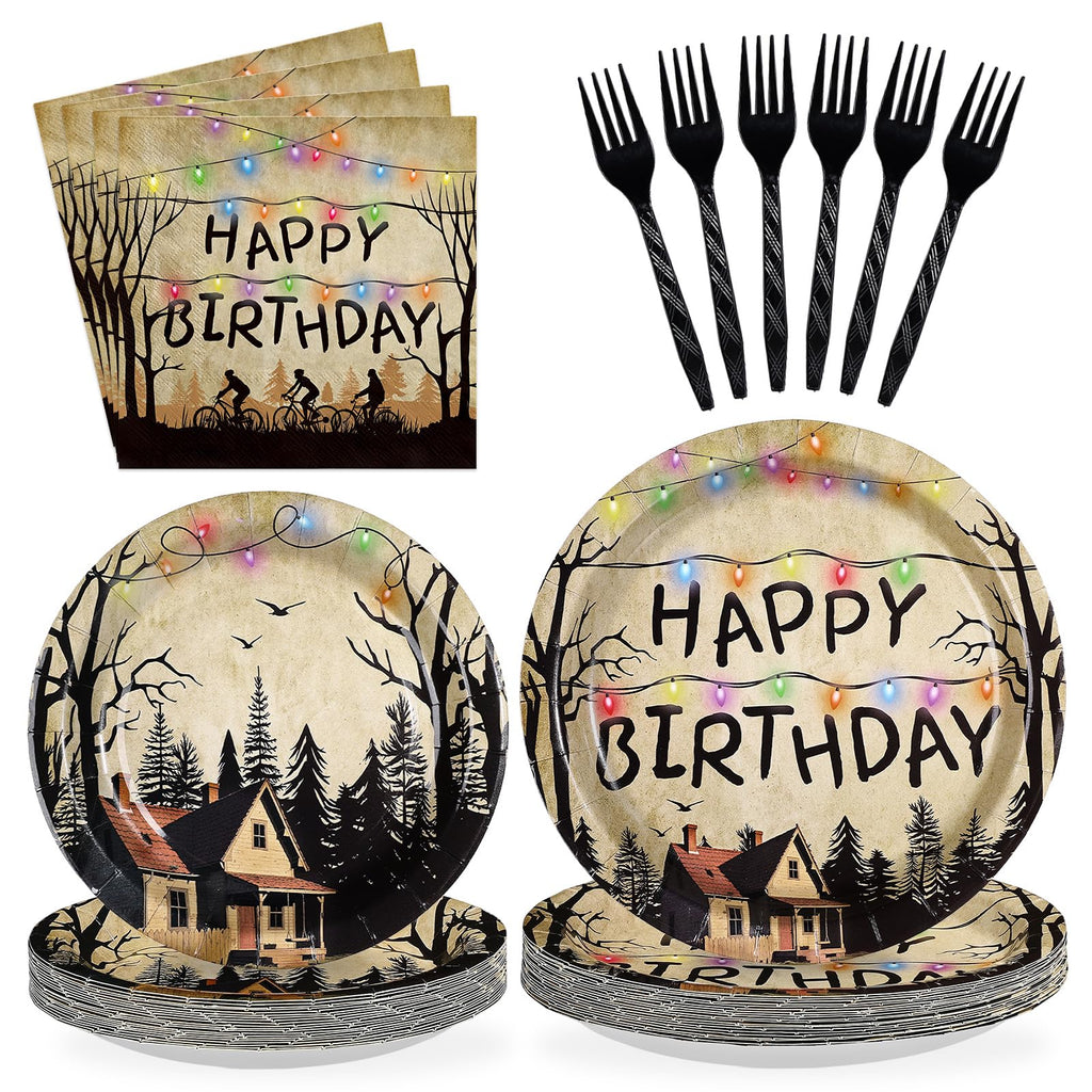 Greencian 96Pcs Spooky Rustic Tableware Set – Serves 24 (Plates, Napkins, Forks)