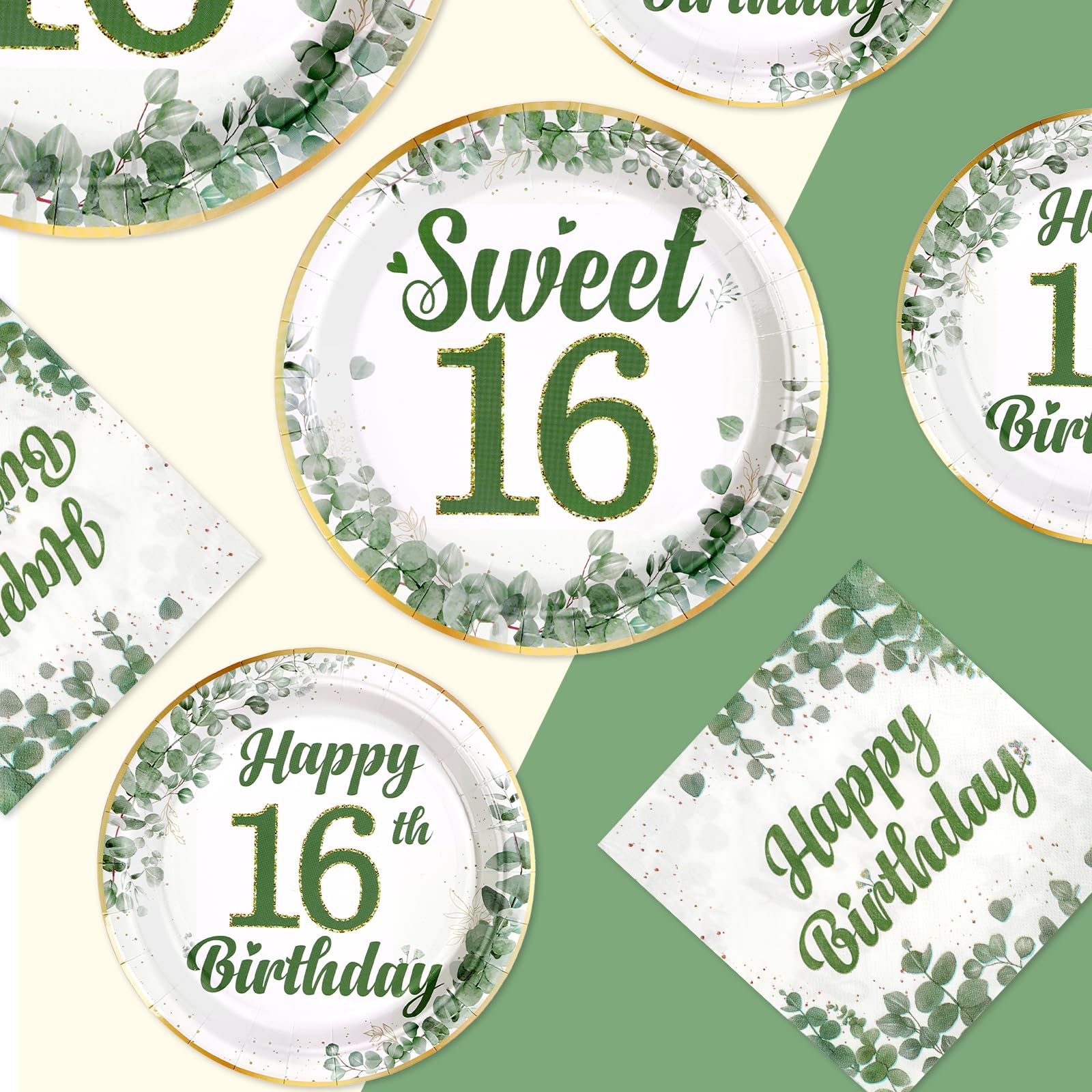Greencian 250 Pcs Sweet 16 Sage Green Party Tableware Set – Serves 50