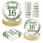 Greencian 250 Pcs Sweet 16 Sage Green Party Tableware Set – Serves 50