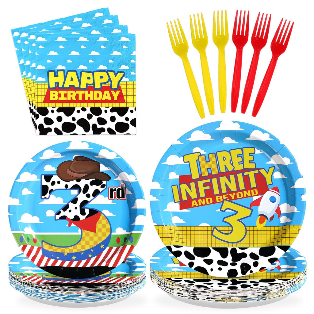 Greencian 96Pcs Toy Cartoon Story 3rd Birthday Tableware Set – Plates, Napkins & Forks (Serves 24)