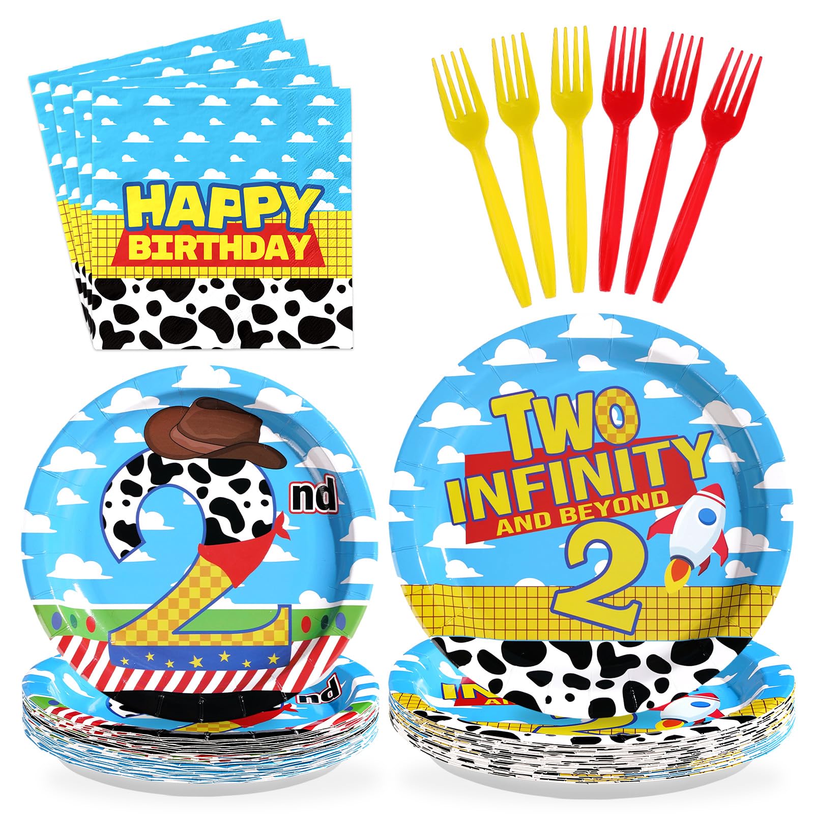 Greencian 96 Pcs Toy Cartoon Story 2nd Birthday Party Supplies — Plates & Napkins (Serves 24)