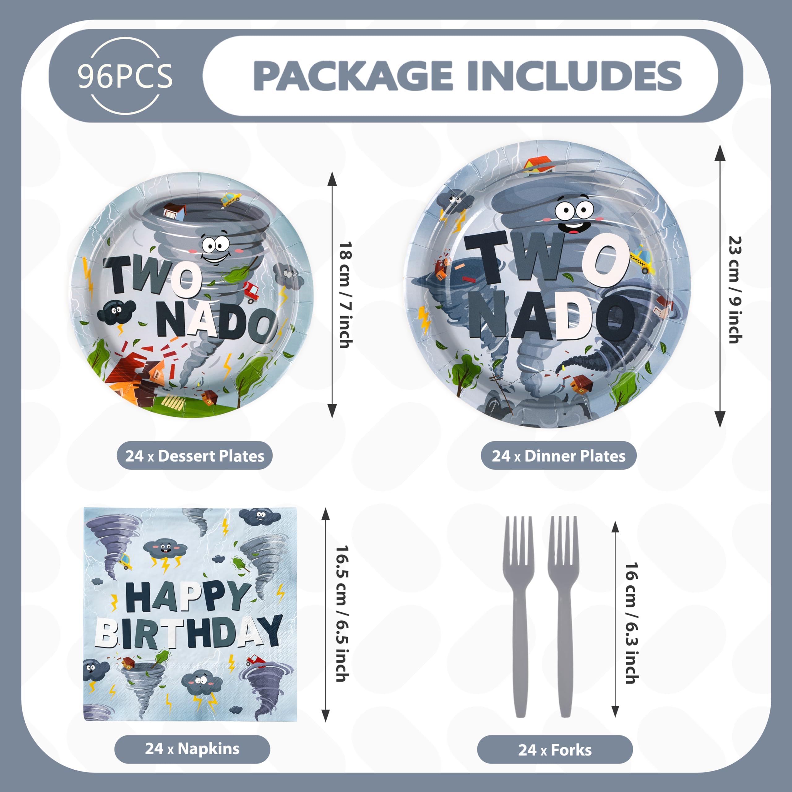 Greencian Twonado Tornado Birthday Party Plates & Napkins Set – 96 Pcs (Serves 24)