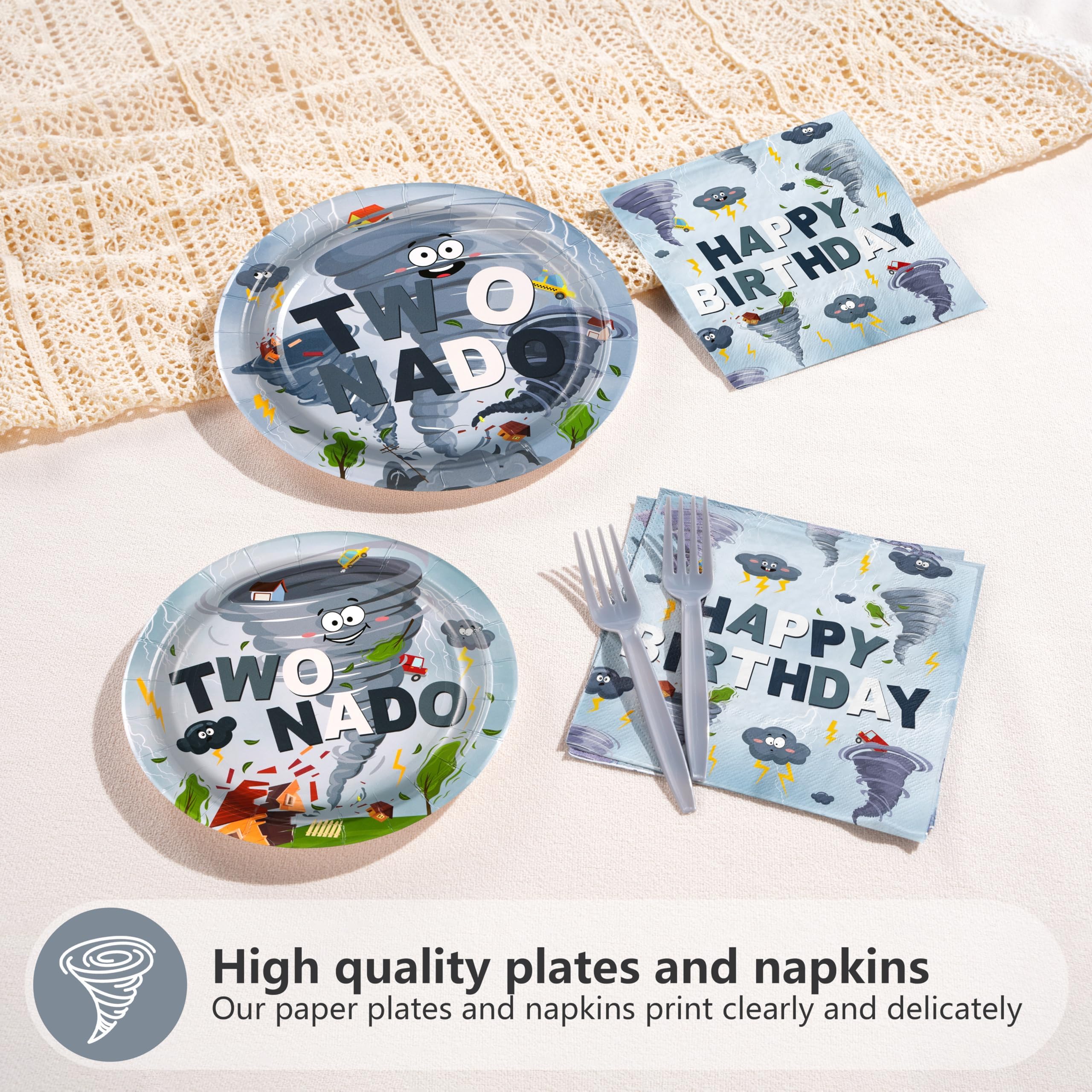 Greencian Twonado Tornado Birthday Party Plates & Napkins Set – 96 Pcs (Serves 24)
