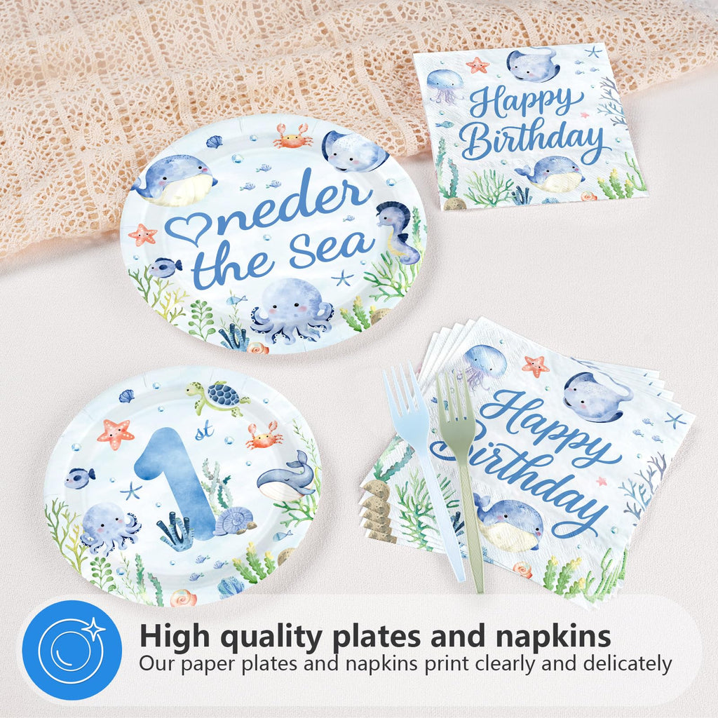 Greencian 96 Pcs Under The Sea Party Supplies – 1st Birthday Plates & Napkins, Serves 24
