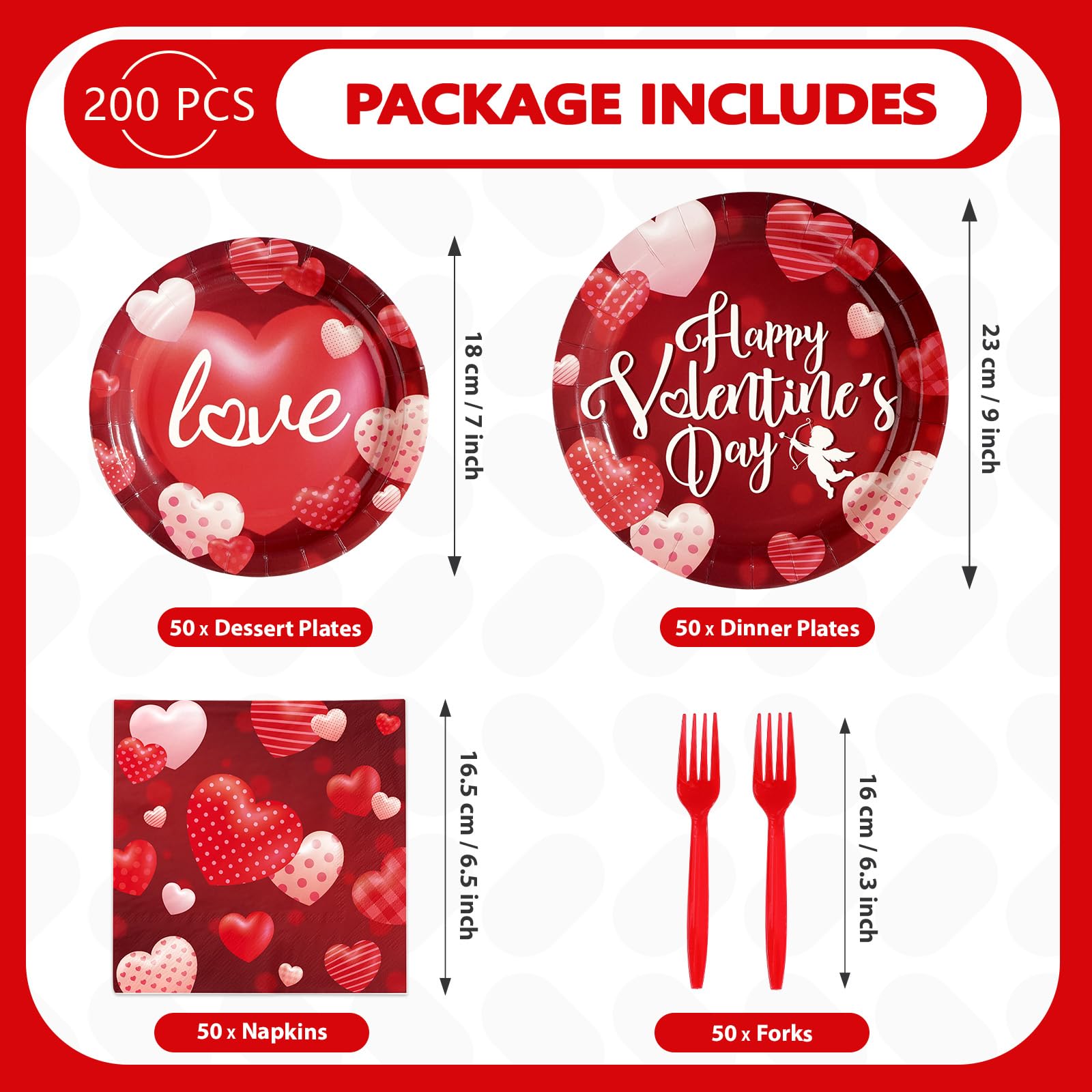 Greencian 200 Pcs Happy Valentine's Day Party Supplies — Romantic Hearts Plates, Napkins & Forks for 50