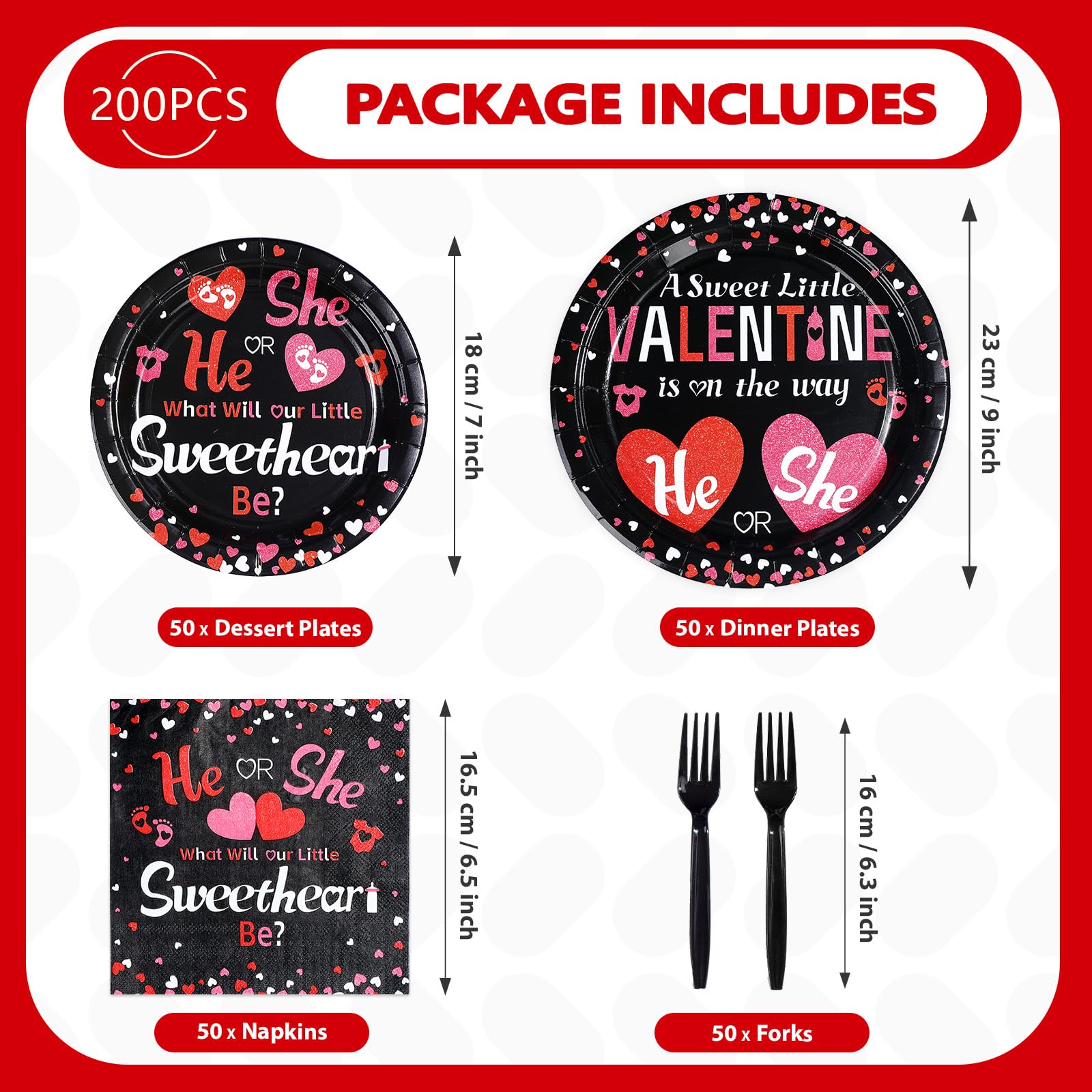 Greencian 200 Pcs Valentine's Day Gender Reveal Plates & Napkins – He or She Tableware Set for Baby Shower (Serves 50)