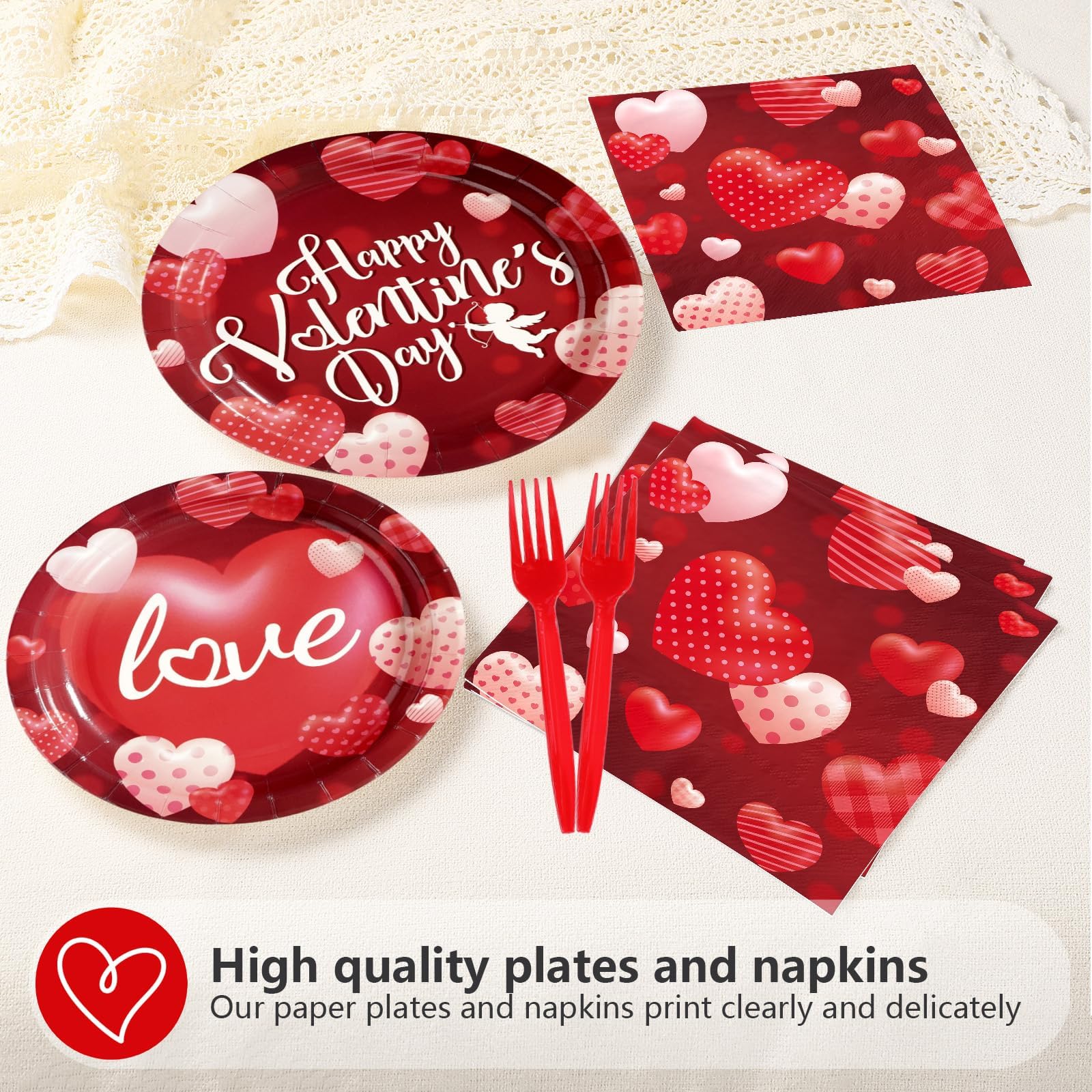 Greencian 200 Pcs Happy Valentine's Day Party Supplies — Romantic Hearts Plates, Napkins & Forks for 50