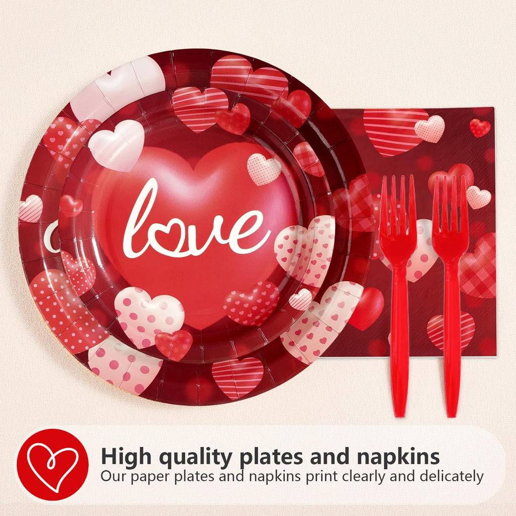 Greencian 200 Pcs Happy Valentine's Day Party Supplies — Romantic Hearts Plates, Napkins & Forks for 50