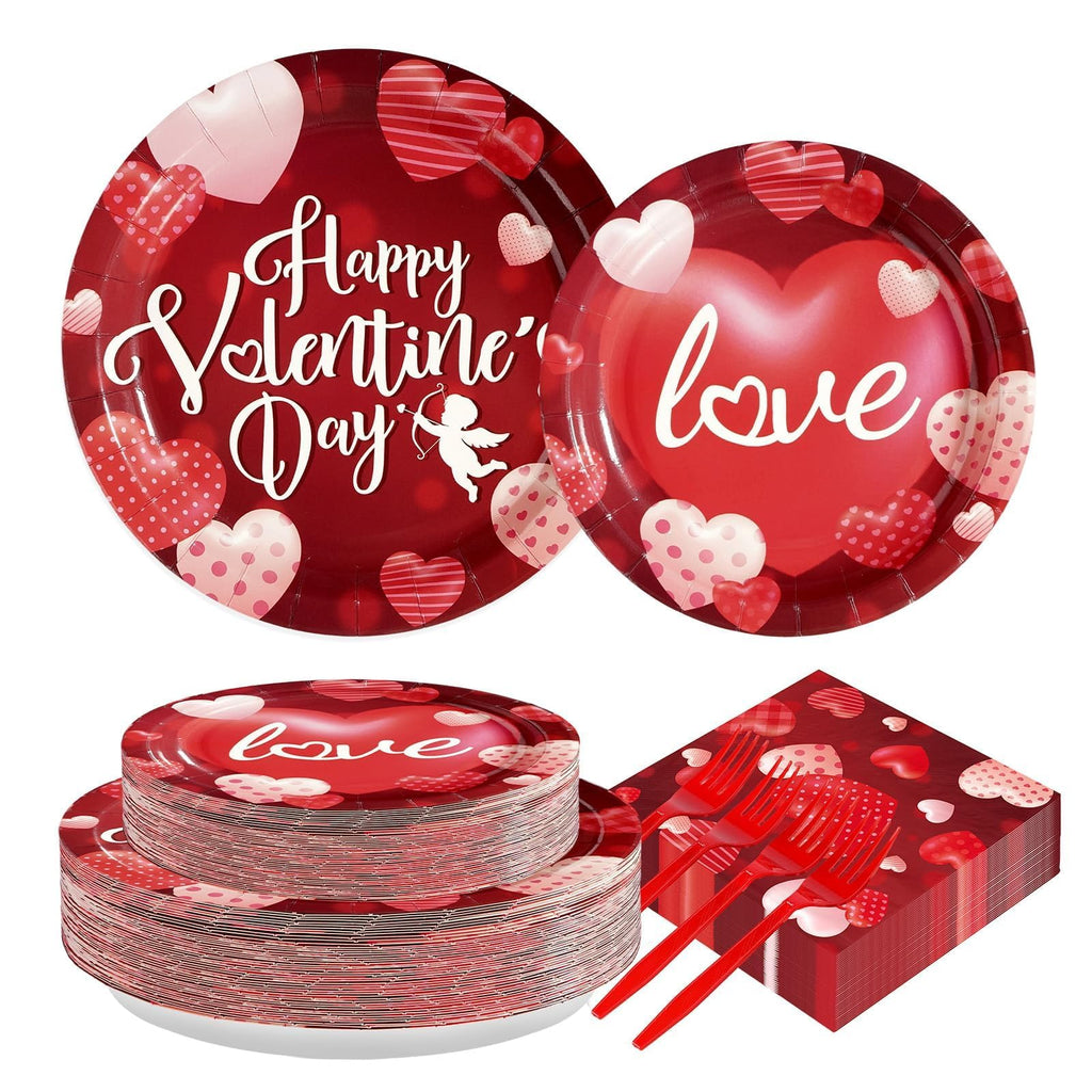 Greencian 200 Pcs Happy Valentine's Day Party Supplies — Romantic Hearts Plates, Napkins & Forks for 50