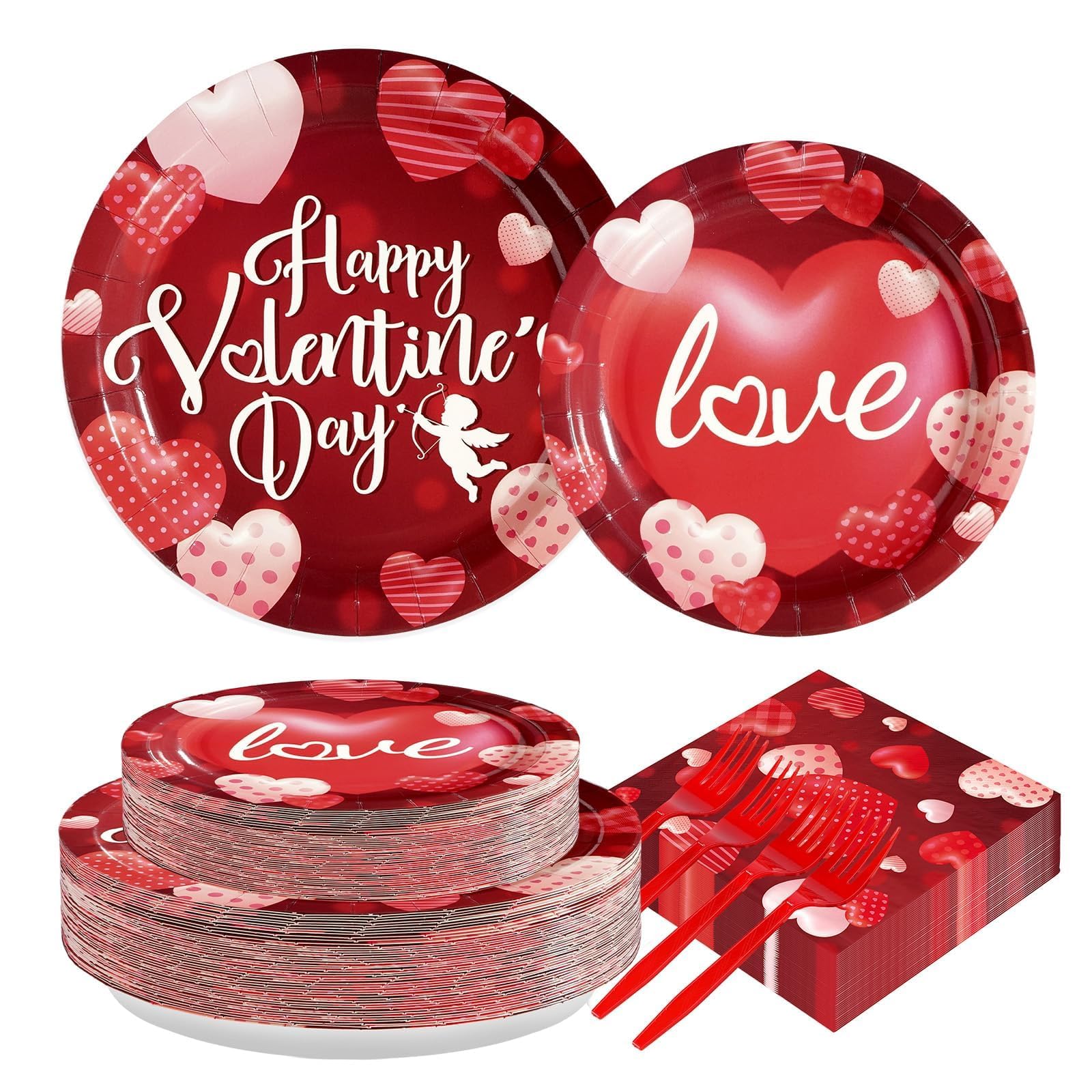 Greencian 200 Pcs Happy Valentine's Day Party Supplies — Romantic Hearts Plates, Napkins & Forks for 50