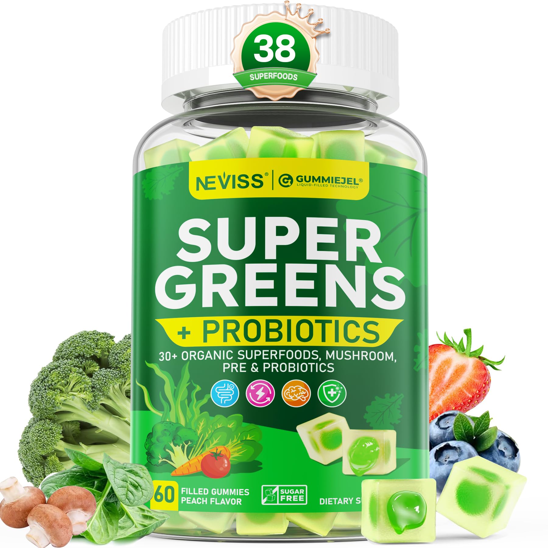 Bio Super Greens Gummis + Probiotika – Spirulina, Chlorella, Spinat, Pilze, Zuckerfrei Vegan 60 Stück