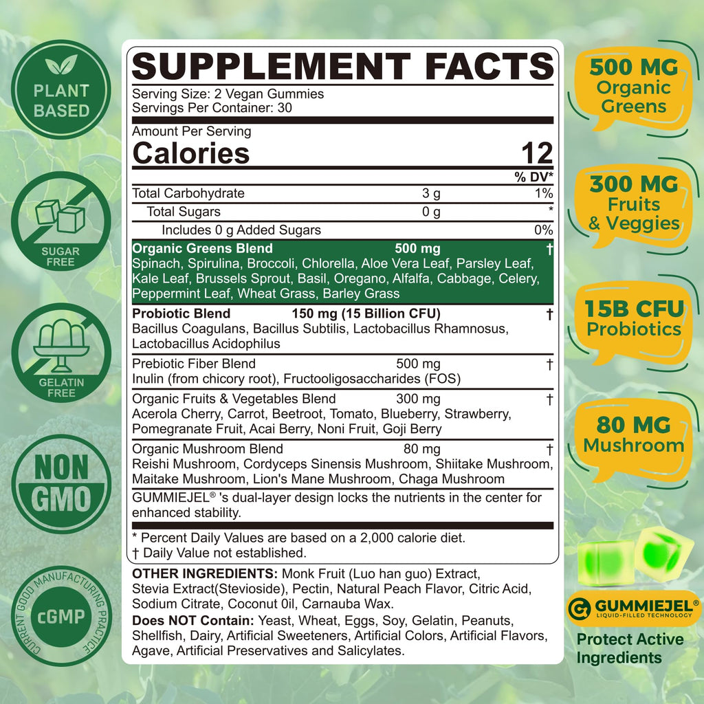 Bio Super Greens Gummis + Probiotika – Spirulina, Chlorella, Spinat, Pilze, Zuckerfrei Vegan 60 Stück