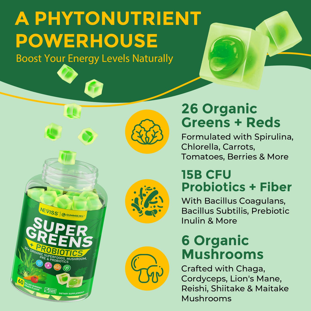 Bio Super Greens Gummis + Probiotika – Spirulina, Chlorella, Spinat, Pilze, Zuckerfrei Vegan 60 Stück