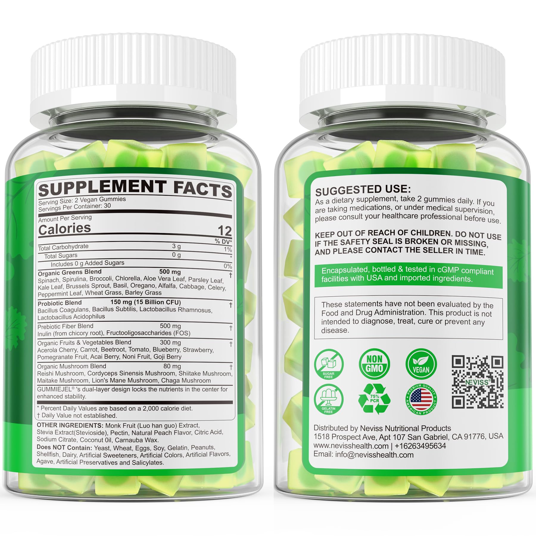 Bio Super Greens Gummis + Probiotika – Spirulina, Chlorella, Spinat, Pilze, Zuckerfrei Vegan 60 Stück