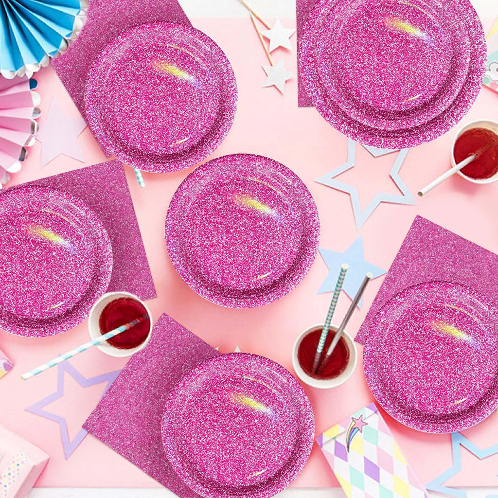 Grencian 96 Pcs Hot Pink Party Supplies – Holographic Plates & Napkins Set for 24