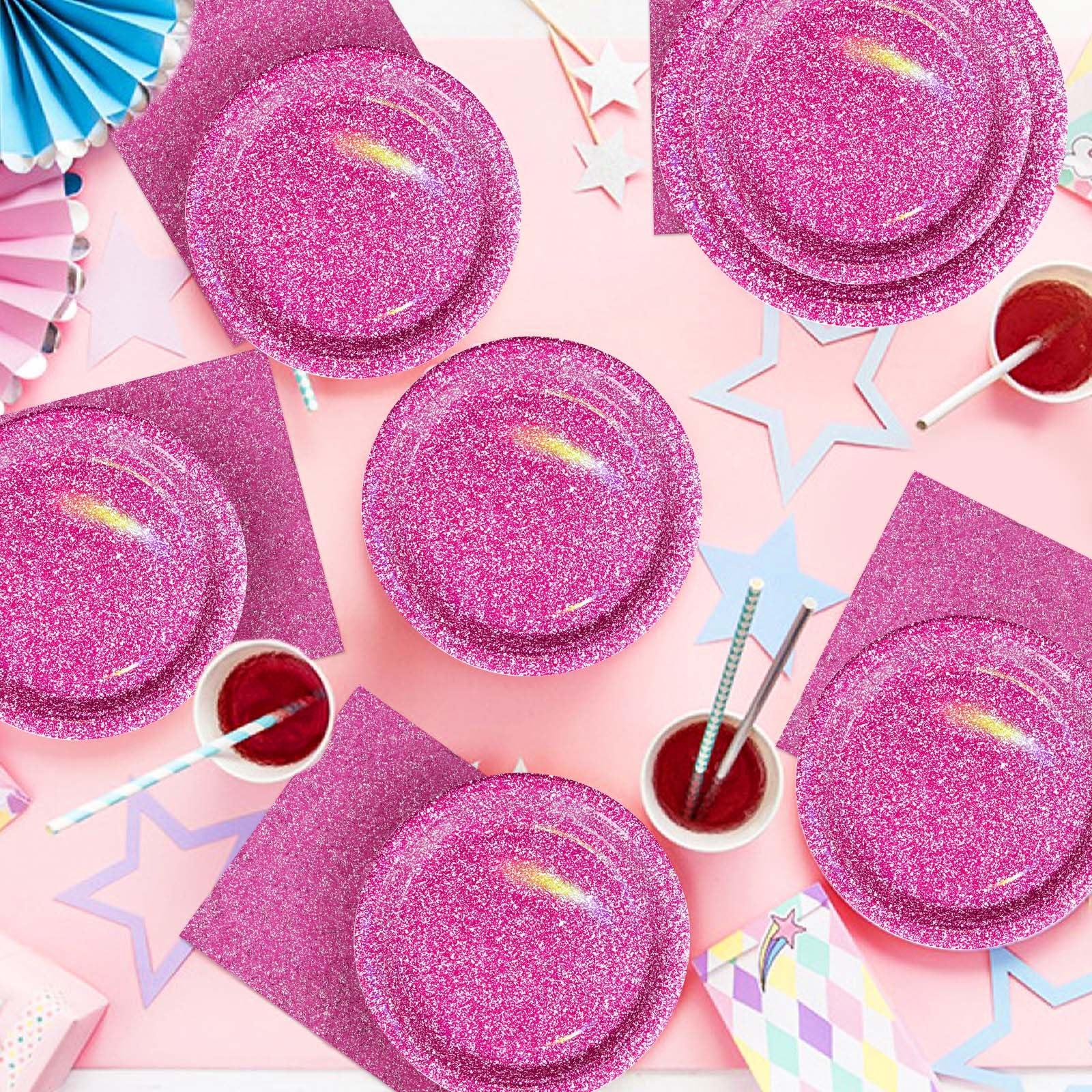 Grencian 96 Pcs Hot Pink Party Supplies – Holographic Plates & Napkins Set for 24