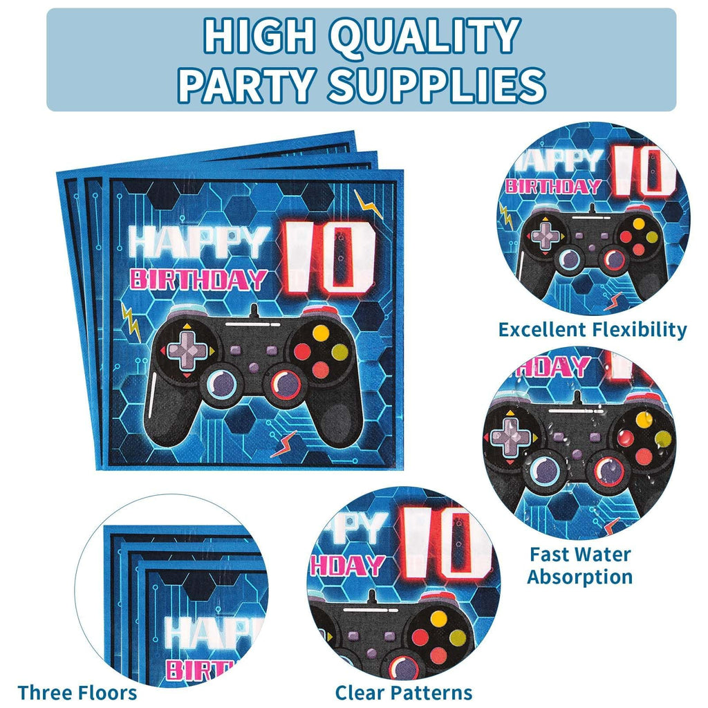 Grencian 96-Pcs 10th Video Game Birthday Tableware Set – Blue Level 10 Plates, Napkins & Forks (Serves 24)