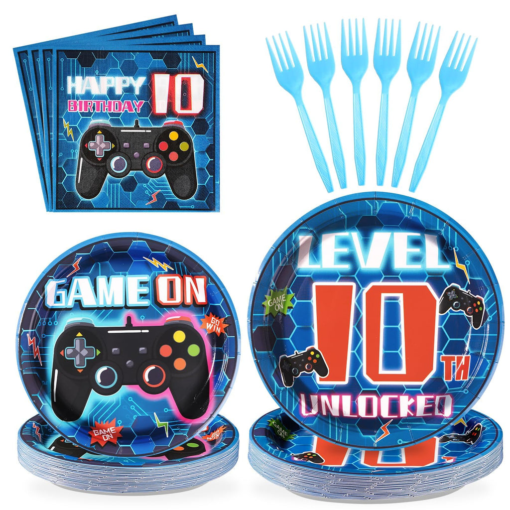 Grencian 96-Pcs 10th Video Game Birthday Tableware Set – Blue Level 10 Plates, Napkins & Forks (Serves 24)