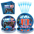 Grencian 96-Pcs 10th Video Game Birthday Tableware Set – Blue Level 10 Plates, Napkins & Forks (Serves 24)