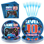 Grencian 96-Pcs 10th Video Game Birthday Tableware Set – Blue Level 10 Plates, Napkins & Forks (Serves 24)