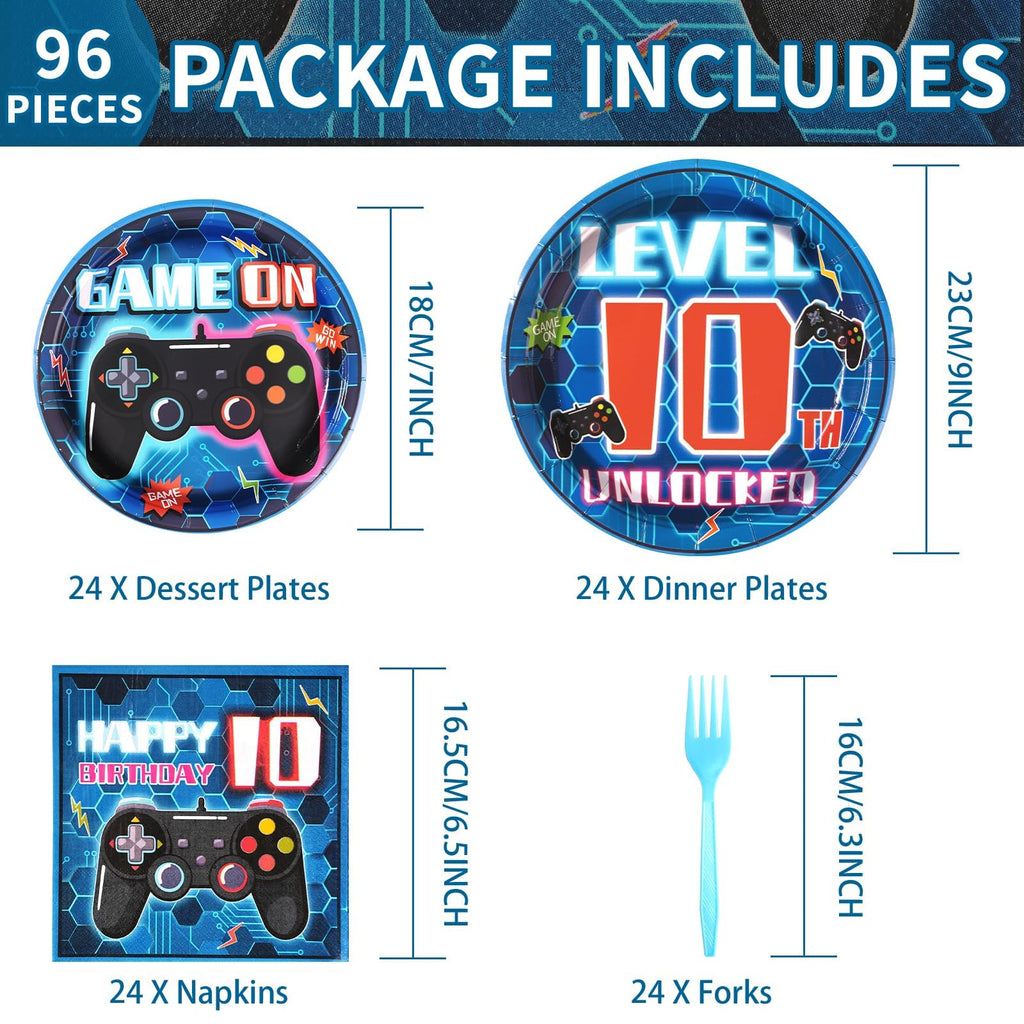 Grencian 96-Pcs 10th Video Game Birthday Tableware Set – Blue Level 10 Plates, Napkins & Forks (Serves 24)