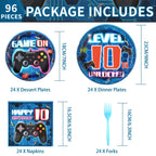 Grencian 96-Pcs 10th Video Game Birthday Tableware Set – Blue Level 10 Plates, Napkins & Forks (Serves 24)