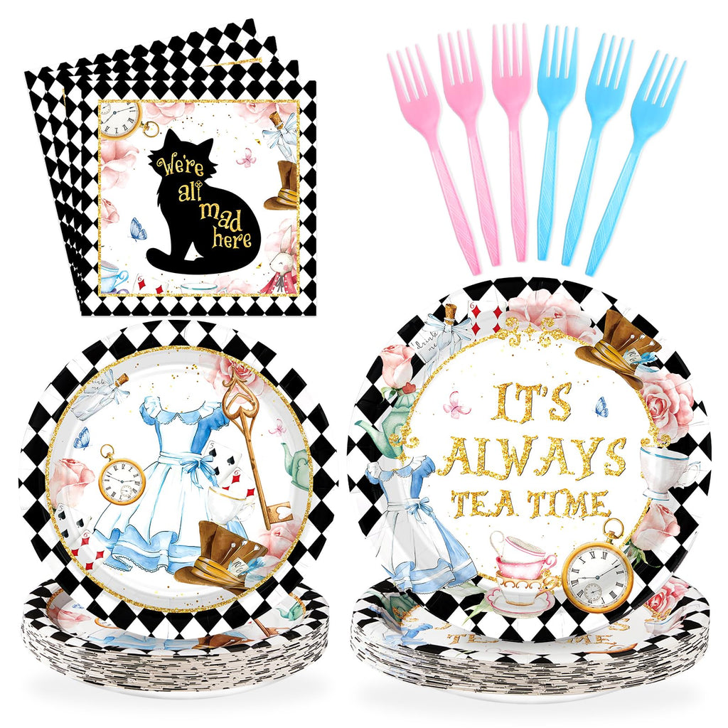 Grencian 96-Piece Alice in Onderland Party Tableware Set – Plates, Napkins & Forks for 24