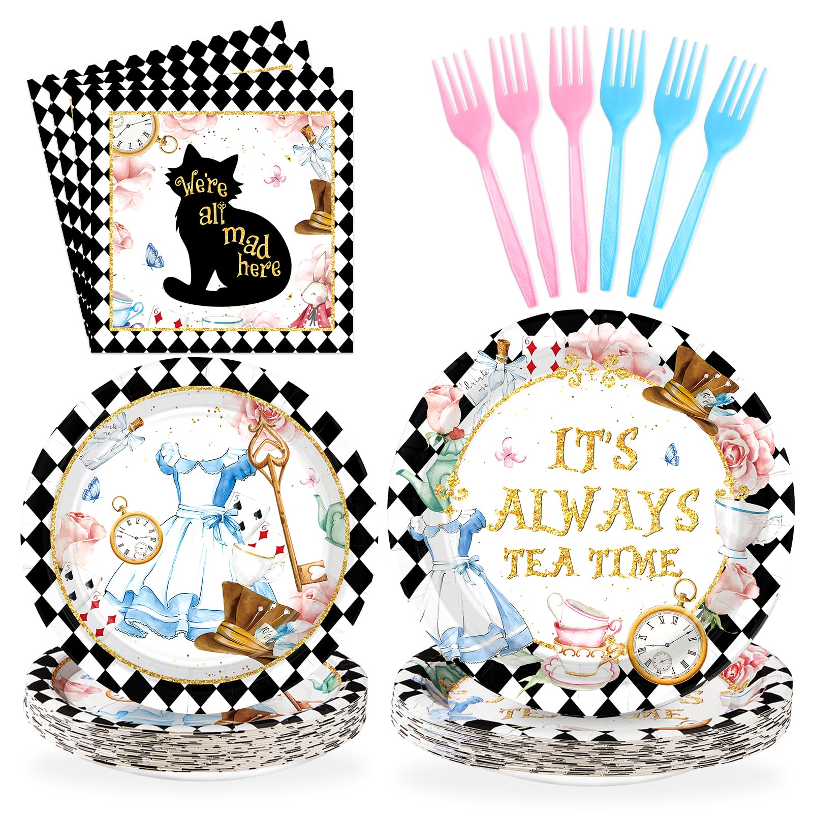 Grencian 96-Piece Alice in Onderland Party Tableware Set – Plates, Napkins & Forks for 24