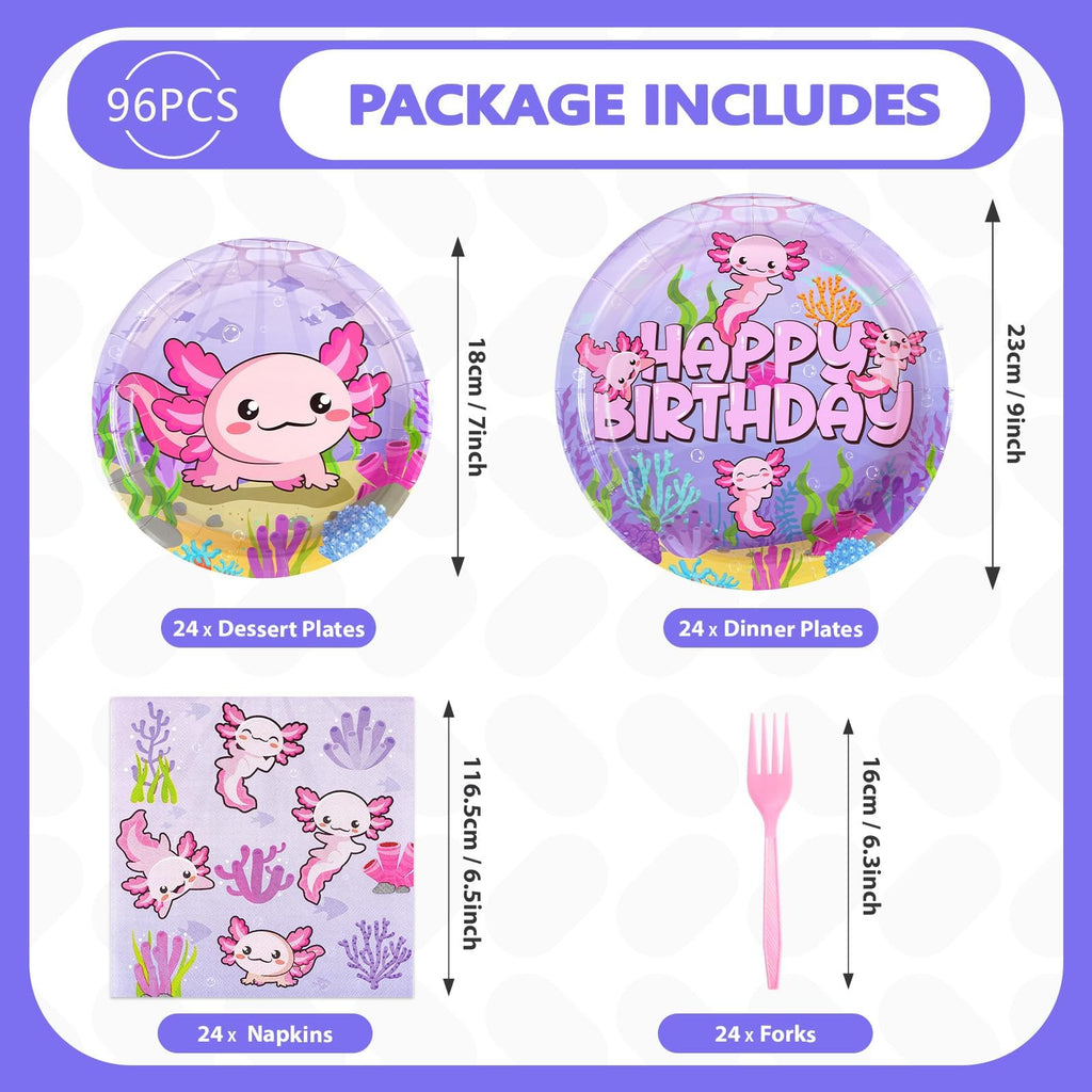 Grencian 96Pcs Axolotl Birthday Party Set – Pink Plates, Napkins & Forks (Serves 24)