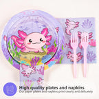 Grencian 96Pcs Axolotl Birthday Party Set – Pink Plates, Napkins & Forks (Serves 24)