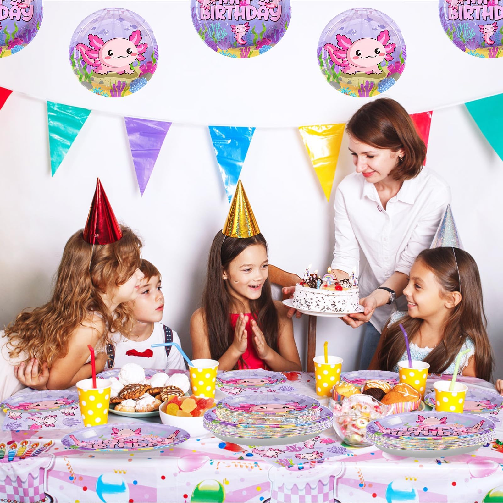 Grencian 96Pcs Axolotl Birthday Party Set – Pink Plates, Napkins & Forks (Serves 24)