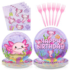 Grencian 96Pcs Axolotl Birthday Party Set – Pink Plates, Napkins & Forks (Serves 24)