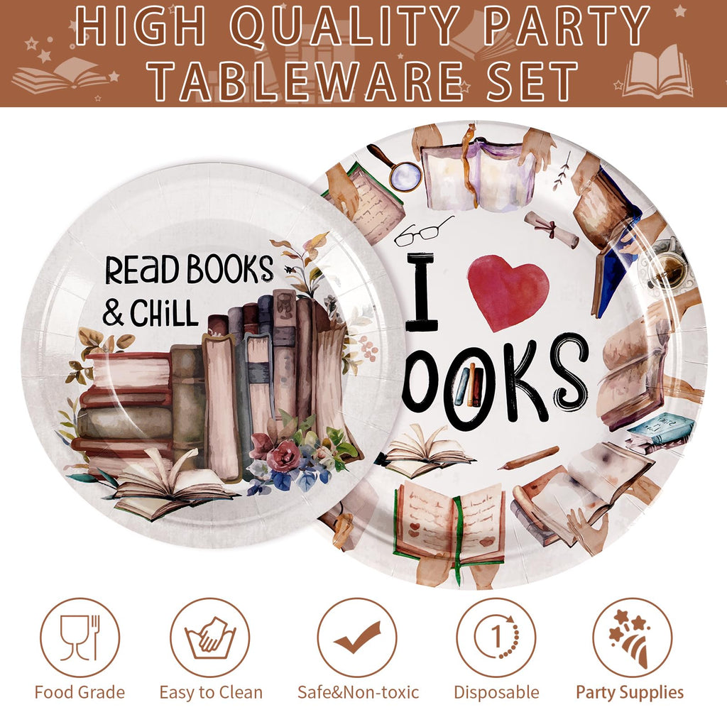 Grencian 96 Pcs Book Themed Party Decorations for Book Club – Plates, Napkins & Forks (Serves 24)