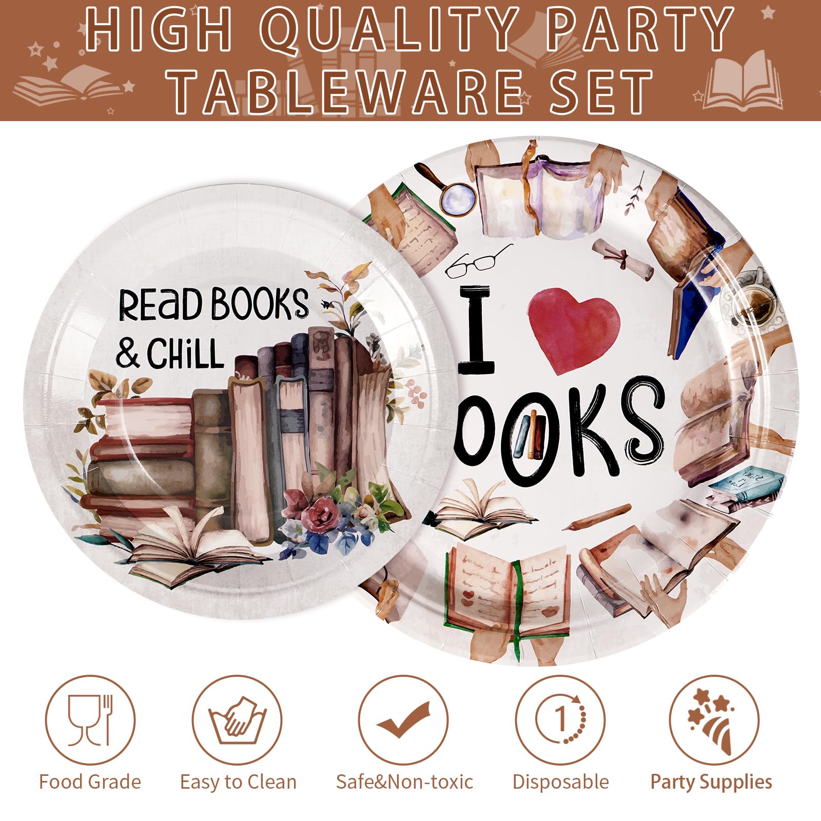 Grencian 96 Pcs Book Themed Party Decorations for Book Club – Plates, Napkins & Forks (Serves 24)