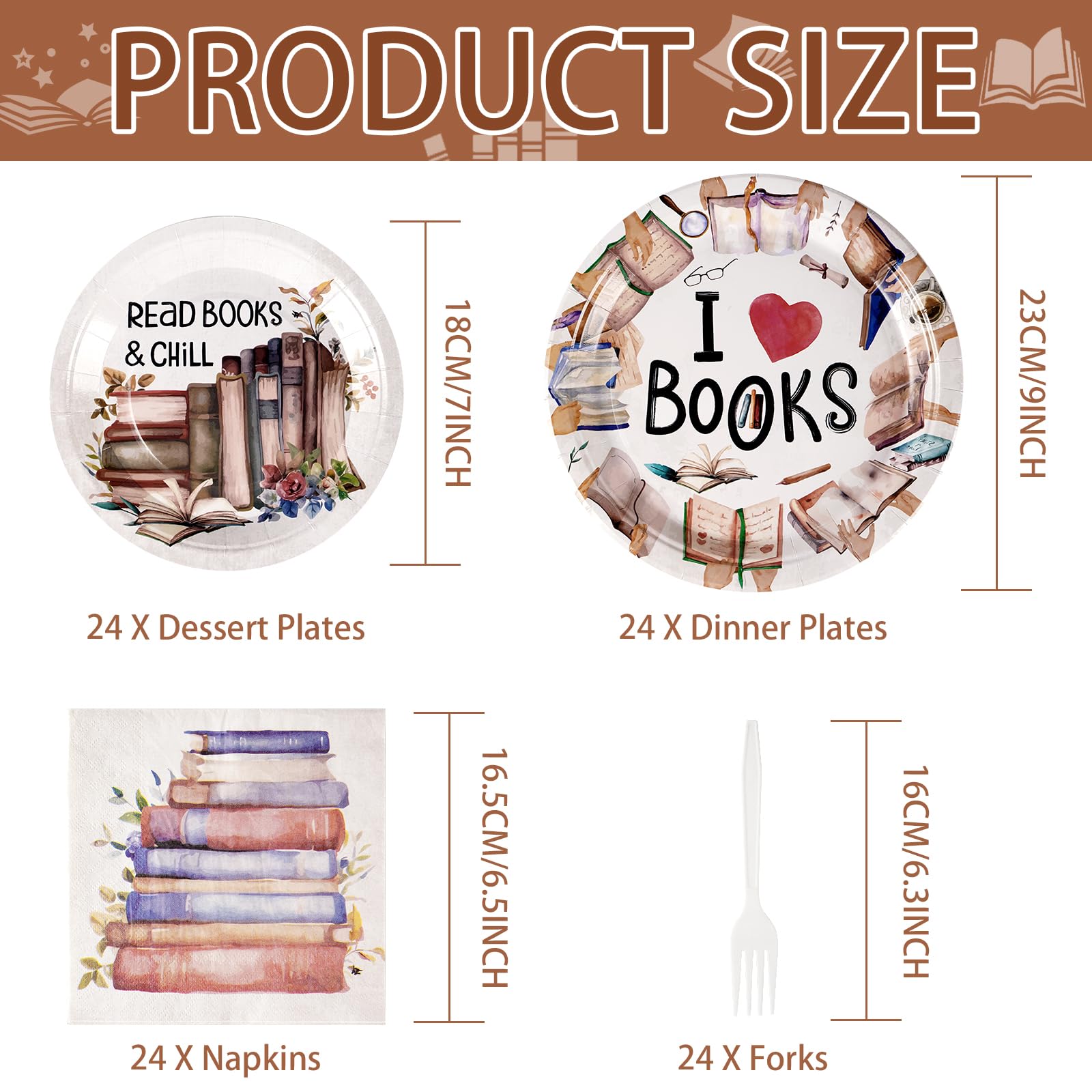 Grencian 96 Pcs Book Themed Party Decorations for Book Club – Plates, Napkins & Forks (Serves 24)