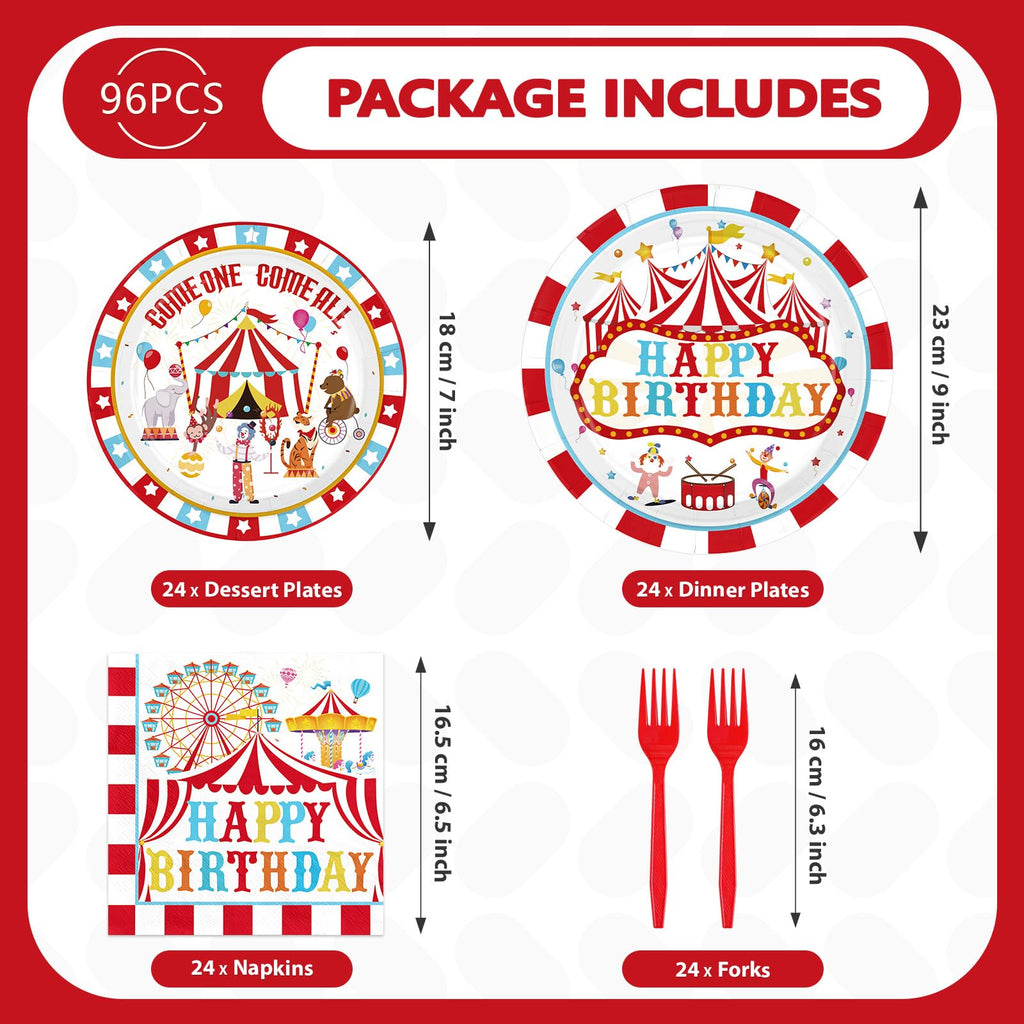 Grencian 96Pcs Carnival Circus Party Plates & Napkins – Serves 24 | Birthday Tableware Set