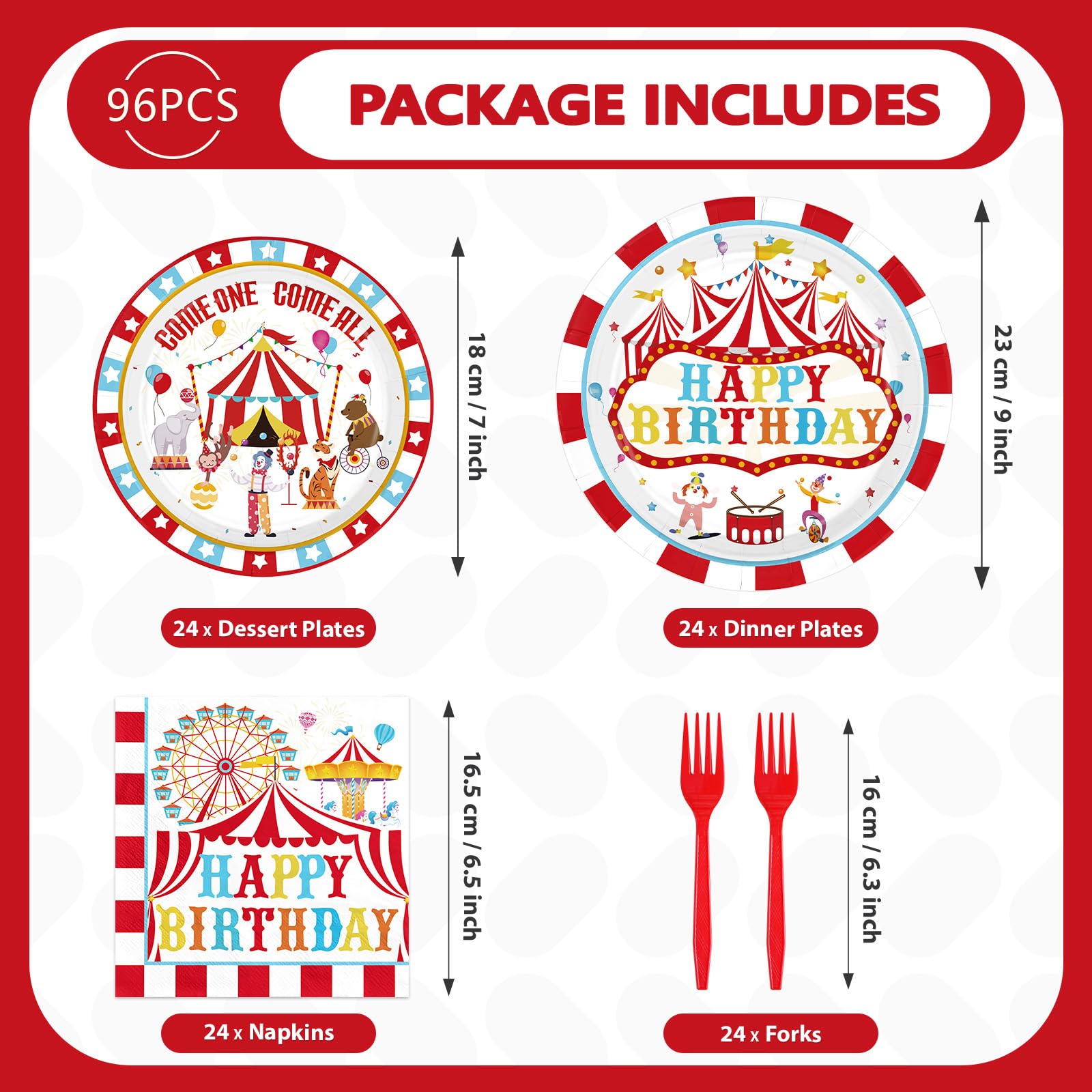 Grencian 96Pcs Carnival Circus Party Plates & Napkins – Serves 24 | Birthday Tableware Set