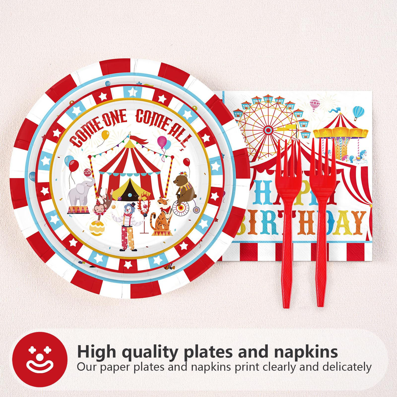 Grencian 96Pcs Carnival Circus Party Plates & Napkins – Serves 24 | Birthday Tableware Set