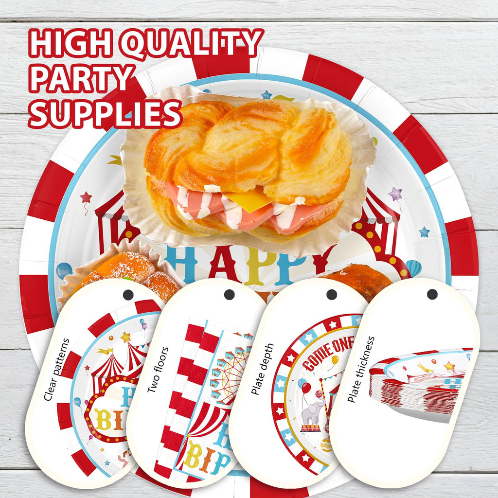Grencian 96Pcs Carnival Circus Party Plates & Napkins – Serves 24 | Birthday Tableware Set