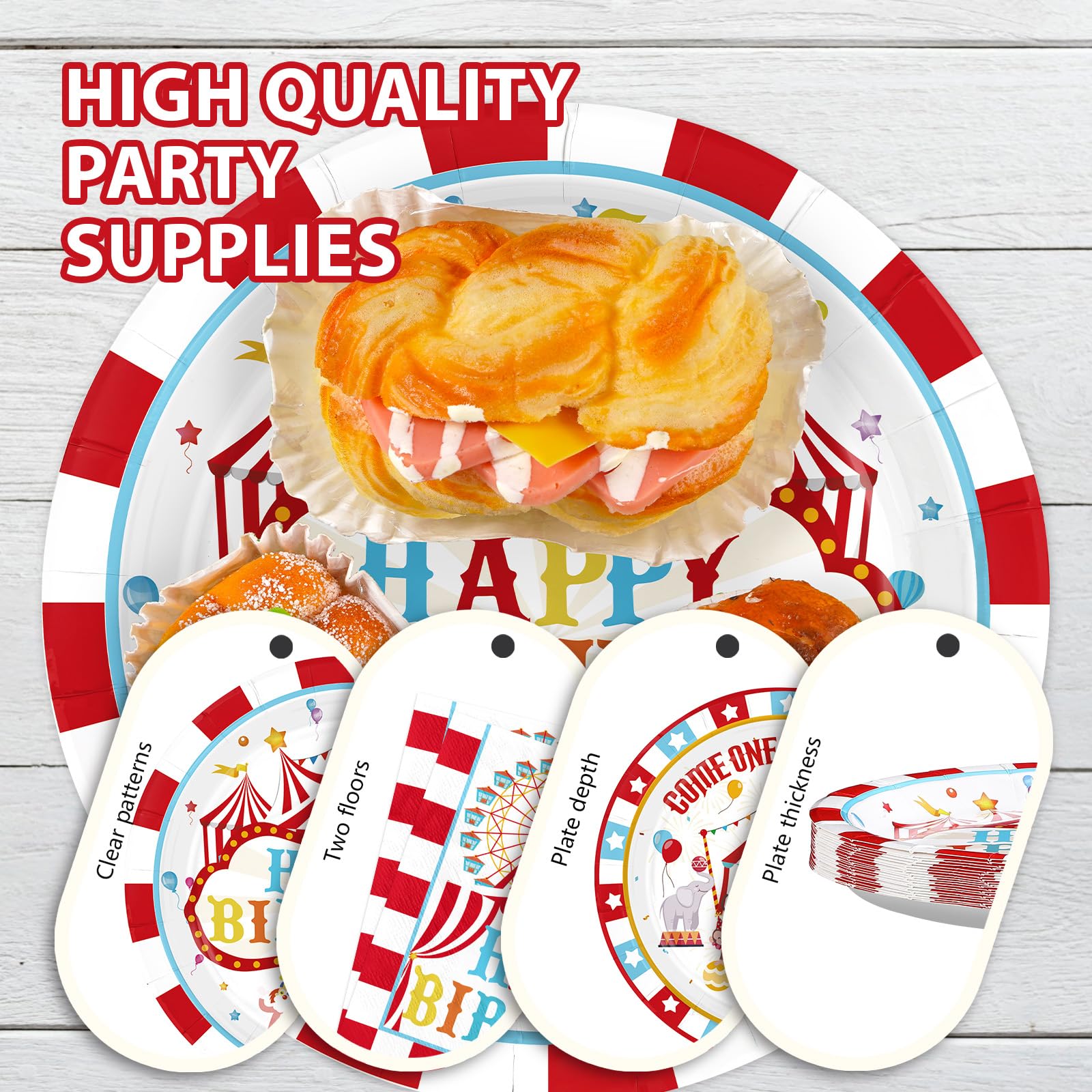 Grencian 96Pcs Carnival Circus Party Plates & Napkins – Serves 24 | Birthday Tableware Set