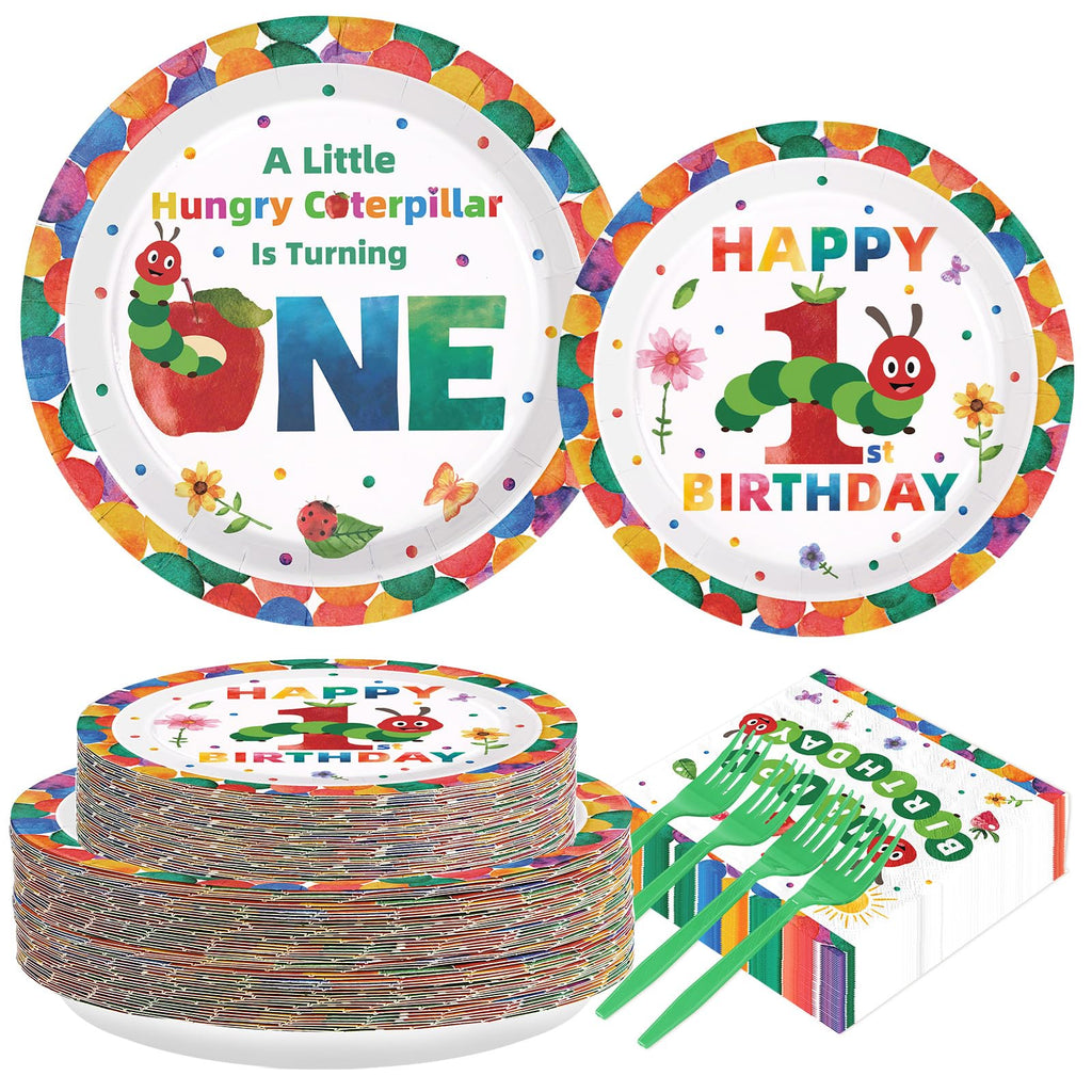 Grencian 200Pcs Caterpillar First Birthday Tableware Set – Green Insect Theme Plates, Napkins & Utensils (Serves 50)