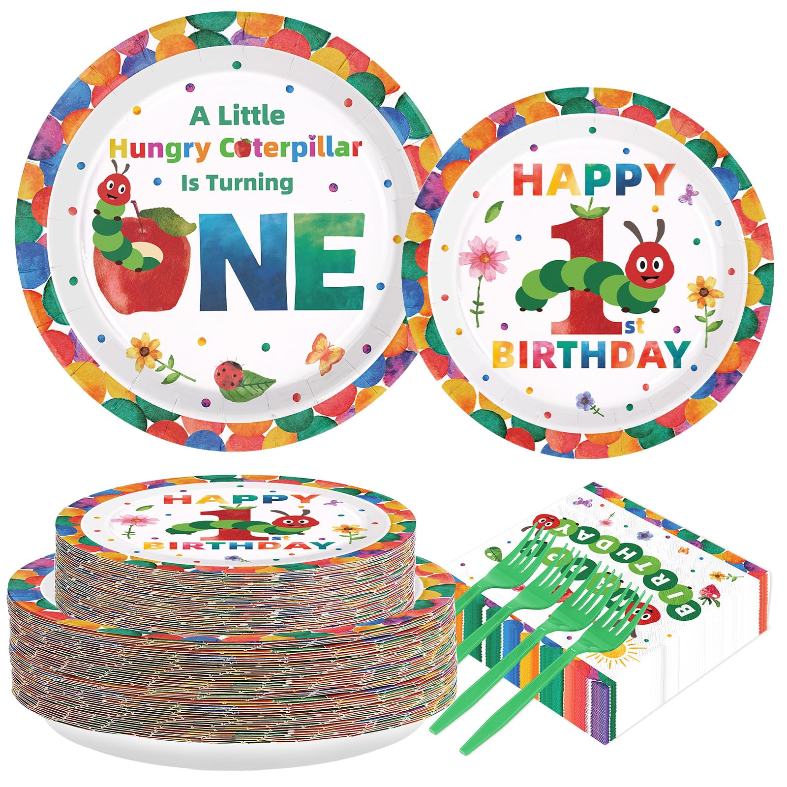 Grencian 200Pcs Caterpillar First Birthday Tableware Set – Green Insect Theme Plates, Napkins & Utensils (Serves 50)