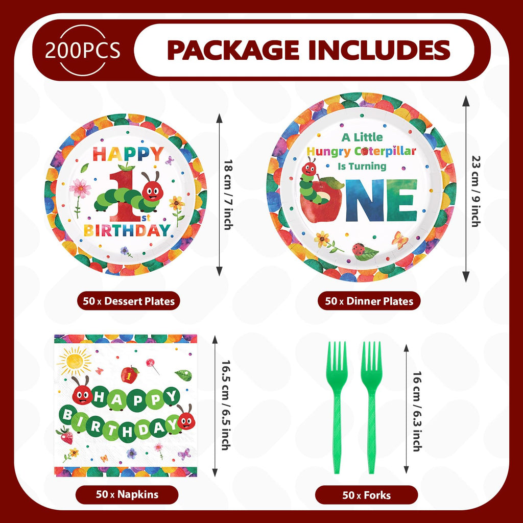 Grencian 200Pcs Caterpillar First Birthday Tableware Set – Green Insect Theme Plates, Napkins & Utensils (Serves 50)