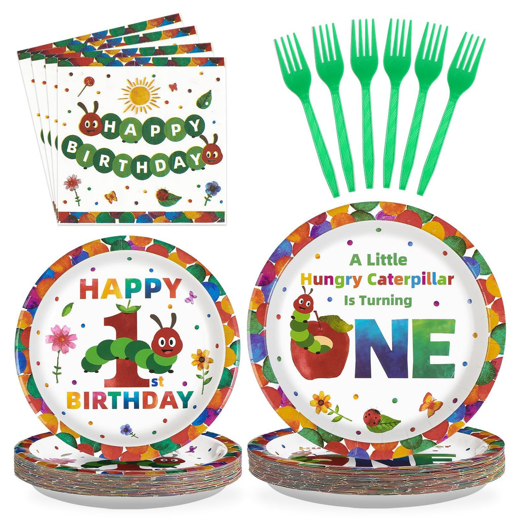 Grencian 200Pcs Caterpillar First Birthday Tableware Set – Green Insect Theme Plates, Napkins & Utensils (Serves 50)