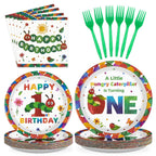 Grencian 200Pcs Caterpillar First Birthday Tableware Set – Green Insect Theme Plates, Napkins & Utensils (Serves 50)