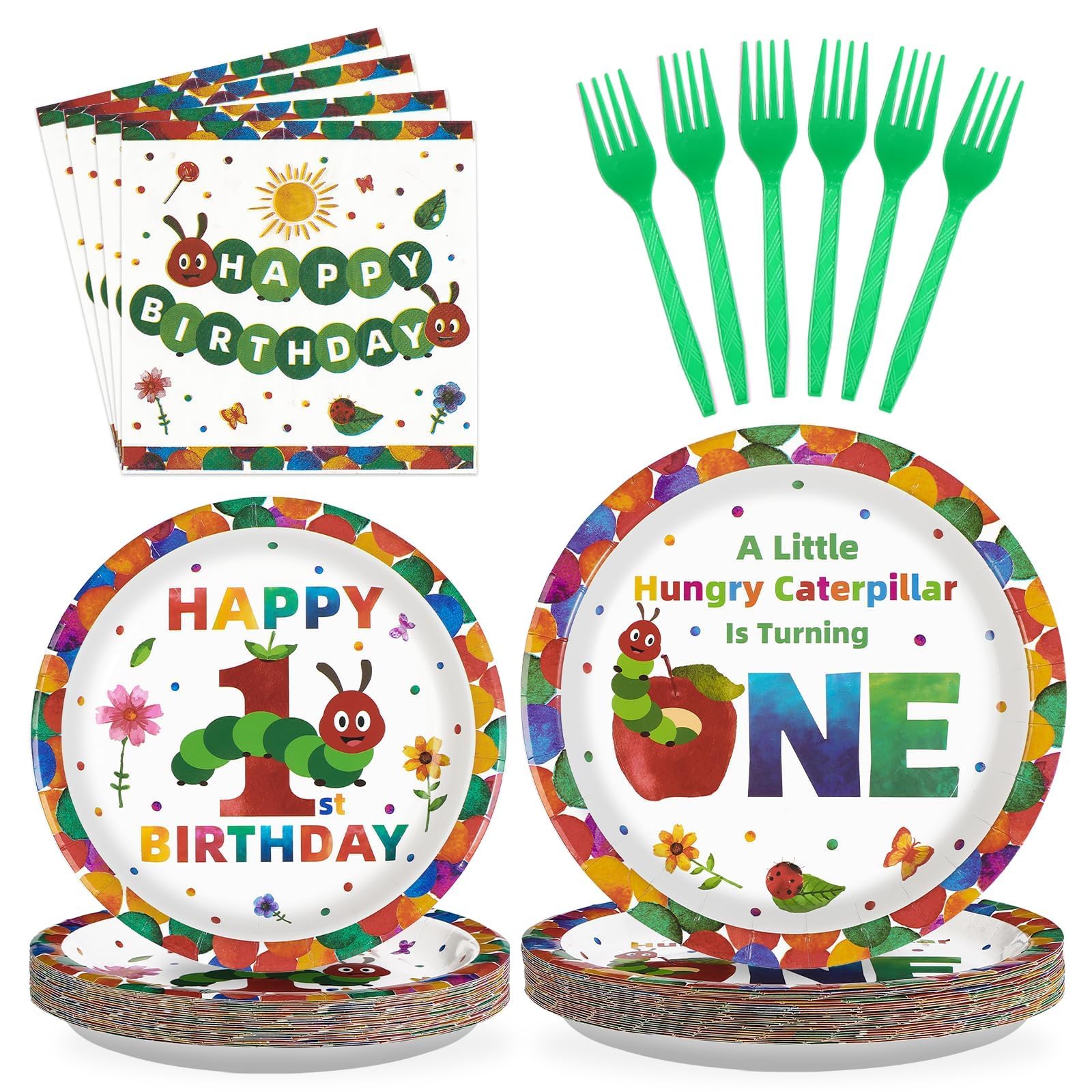 Grencian 200Pcs Caterpillar First Birthday Tableware Set – Green Insect Theme Plates, Napkins & Utensils (Serves 50)
