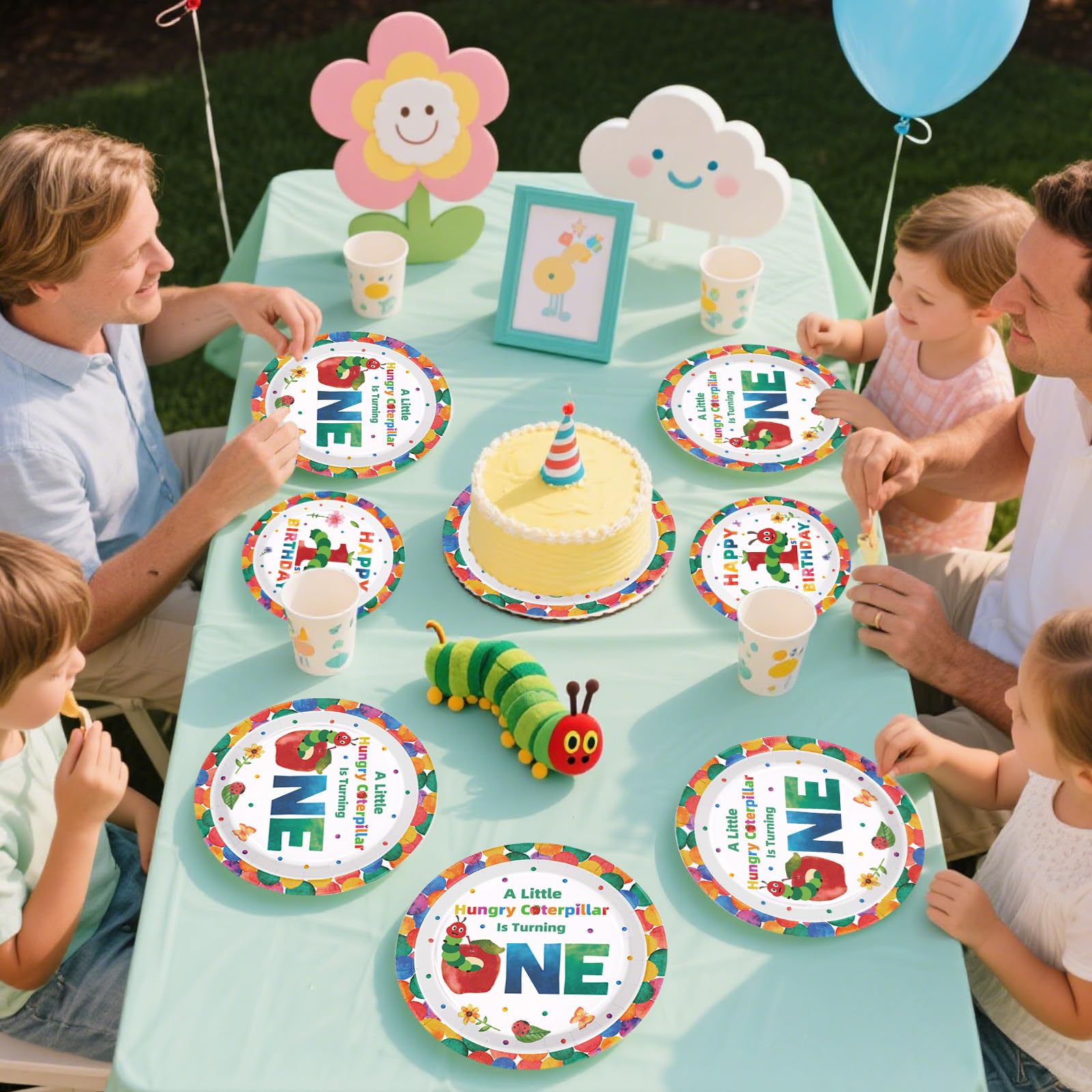 Grencian 200Pcs Caterpillar First Birthday Tableware Set – Green Insect Theme Plates, Napkins & Utensils (Serves 50)
