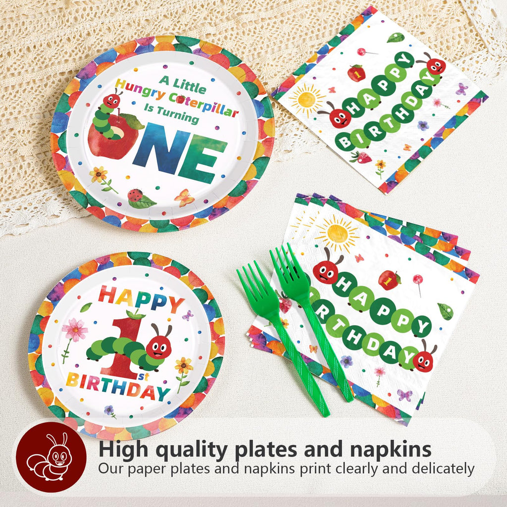 Grencian 200Pcs Caterpillar First Birthday Tableware Set – Green Insect Theme Plates, Napkins & Utensils (Serves 50)