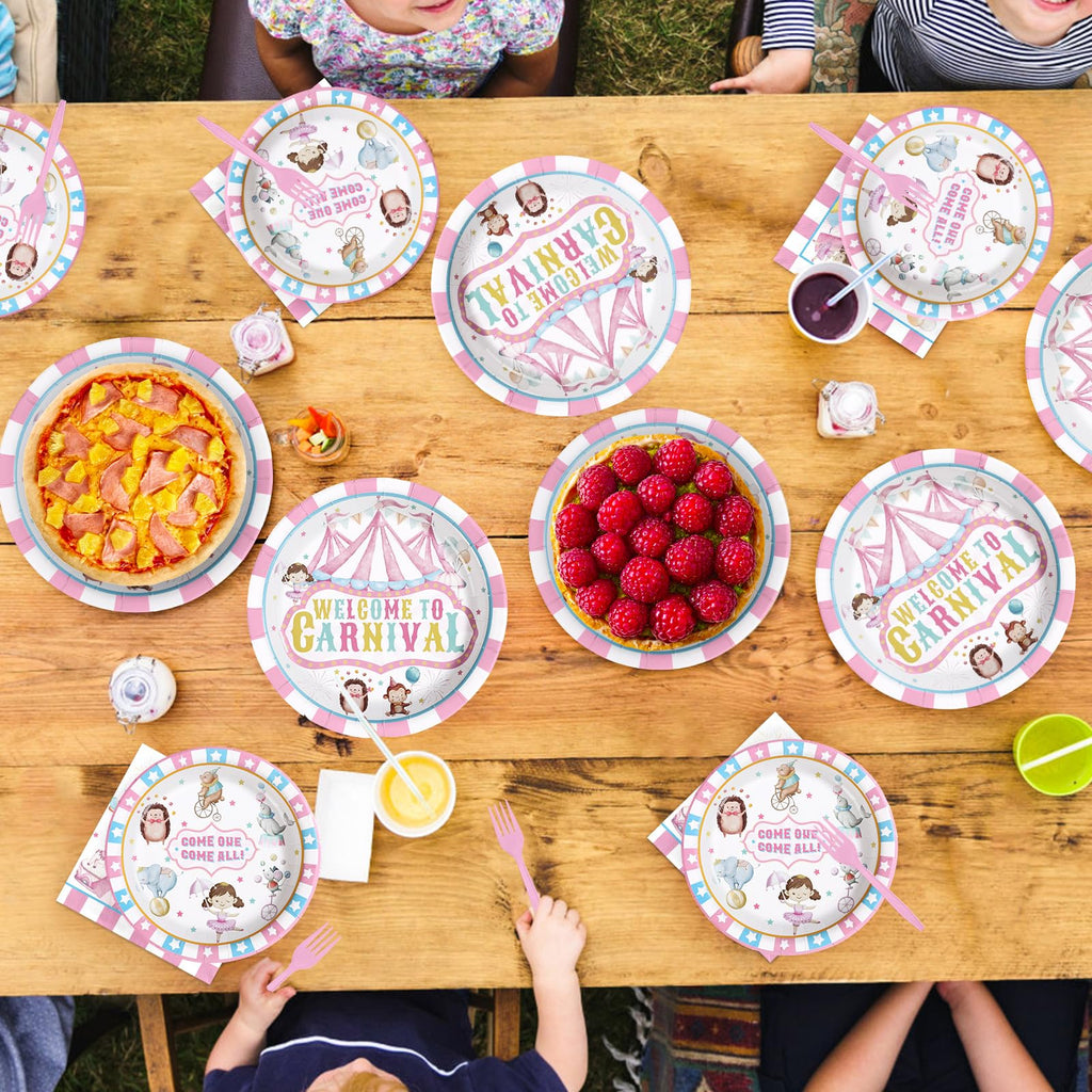 Grencian 96Pcs Pink Circus Party Supplies – Carnival Plates & Napkins Set