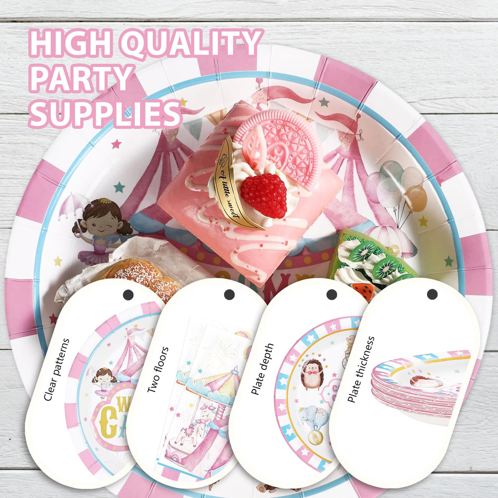 Grencian 96Pcs Pink Circus Party Supplies – Carnival Plates & Napkins Set